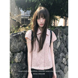 College Wind Pink Wave Spot Short-Sleeved Shirt Women Summer Wearing Korean Shirt Slim Sweet Collar Top