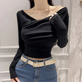New Design Folds Long-Sleeved Chain Removable T-Shirt Short Tops Slime Shoulders