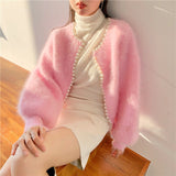 2026 Small Fragrant Wind Pearl Imitation Water Velvet Cardigan Women Autumn And Winter Short Small Soft Plush Knitted Coat