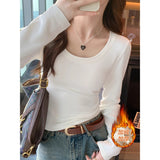 92 People Cotton 8 Spandex U Collar Shoulder Long Sleeves Plus Velvet T-Shirt Girl Body Autumn And Winter Big Neck Collar Inside The Top