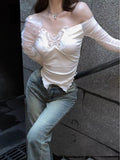 One-Word Shoulder Long-Sleeved Mesh Spliced T-Shirt For Women's Autumn And Winter Pure Sexual Butterfly Slaying Hottie Short White Top