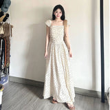 French Style Neck Rice White Girly Dress Women's New Thin Fairy Wave Wave Long Dress