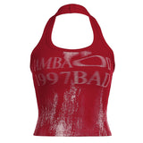 Women's Clothing Modern Retro-Rendering Letter-Print Hanging Neck Vest Female Bare Back Sexy Red Topess