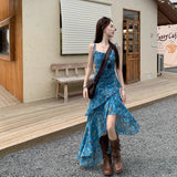 Holiday Style Retro Floral Sling Dress Women's Summer Design Irregular Dress To Collect Waist Thin A Skirt