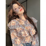 Super Good-Looking Lotus Leaf Side Chiffon High-Waist Long-Sleeved Broken Flower Shirt Women Spring And Summer Single Special Beautiful Short Top