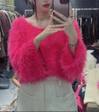 Autumn And Winter New Lazy Wind High-End Temperament Candy V Collar Short Imitation Stings Hair Knitted Shirt