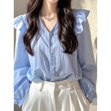 This Year's Popular Beautiful Shirt Light Luxury French Small Niche Beautiful Blue Long-Sleeved Shirt Women's Early Autumn Elegant