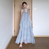 Seaside Vacation Blue Sleeveless Hanging Neck Hanging Neck Dress Women's Summer 2025 New Popular Beautiful Dress