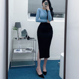 Slender Open Fork Loose Waist Half-Dress Folded Long Skirt Bag Hip Skirt South Korea Dongdaemun Autumn New Sexy