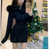 Pure Hot Girl Hooded Knitted Dress Women 2025 Autumn And Winter New Thickened Waist Long Sweater Skirt