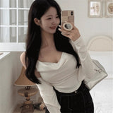 Autumn Temperament Fashion Folds Slime Body Sling T-Shirt + Korean Short Long-Sleeved Open Shirt Two Sets Of Women