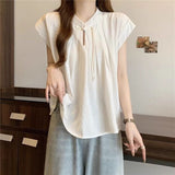 Zen Shirt New Chinese Women's Round-Neck Summer French Small White Short-Sleeved Shirt Elegance