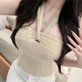 Spring And Autumn New Elegant Temperament Hanging Neck Collar Tight Vest T-Shirt + Knit Long Sleeve Repair Shirt Set Woman