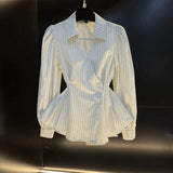 Regular Thin Women Spring New Fashion High-End Design POLO Collar Striped Long-Sleeved Top Woman Trend