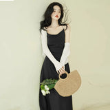French Green Sling Dress Women's Summer 2025 New Seaside Holiday Style Temperament Wears Doamba Long Dress