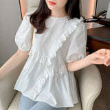 2025 New Short-Sleeved Women Design Sense Small-Age Small Shirt Bubble Sleeve Chiffon Clothes Small Fragrant