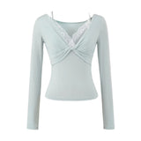 Pure Hot Girl Autumn New Fake Two Spliced T-Shirt Lace Long Sleeves Slim Thin T-Shirt Top Girl