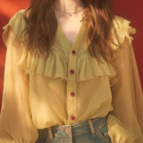 Yellow Lotus-Leaf-Side V-Neck Shirt Women's Autumn Pop Chic Niche Design Top Elegant Chiffon Shirt