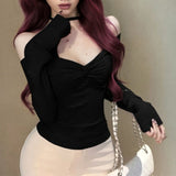 Pure Lust Lace Sexy Long-Sleeved Neck T-Shirt Girl Spring And Autumn Shoulder Temperament Tops Niche Bottom Shirt