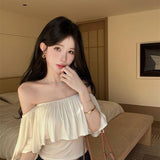 One-Word Shoulder Lotus Side Super Fairy Short-Sleeved T-Shirt Girl Summer Pure Hot Girl Sexy Shawl Shoulder Dress Beautiful