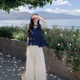 Tibetan Blue Age-Down Wave Vest Shirt 2026 Sleeveless Summer New Lotus Leaf Top Loose Woman