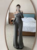Sensing Temperament Set Decoration Body Slim Shoulder Long Sleeve Top Lady Autumn Broad Leg Pants Two Sets