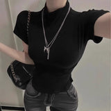 South Korea's Early Spring New High-Collar Repair Body To Show The Body Top Temperament Curved Under The Hem With Short-Sleeved T-Shirt Woman