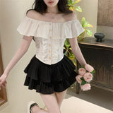 One-Word Shoulder Lotus Leaf Side French Shirt 2026 Short-Sleeved New Women's Summer Pure Sweet Hot Girl Small Top Chic