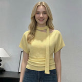 Pure Desire To Tie With Slanted Short-Sleeved T-Shirt Women's Summer Repair Body Hottie To The Waist Korean