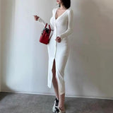 Temperament Slime V-Necked Body Long-Sleeved Long-Sleeved Mid-Long Dress Spring And Autumn New Korean High-Waisted Hip Dress Ins