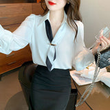 High Sense Of The New Chiffon Shirt Fashion Professional Collared Collared Women V Collar Long-Sleeved Shirt Spring