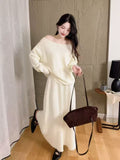 One-Word Shoulder Knitted Suit Women's Autumn Winter New Design Nail Bead Sweater Bottom Shirt Half Skirt Two Sets