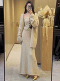 Autumn And Winter New Lazy Wind Loose Long Open Qiu Sweater With Medium Long Skirt Three-Piece Set Of Women