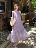 Holiday Style French Flowers Hanging Neck Dress Women's Summer Gentle Sleeveless Dress Design Loose Super Fairy Long Dress