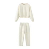Velvet Round Collar Long Sleeve Sweater 8417800 Straight High-Waisted Elastic Velvet Casual Trousers 8417801