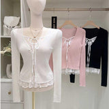 South Korea's Spring And Autumn New Temperament Pure Lust Lace Splicing Top Match Two Long-Sleeved Knitted T-Shirt Girl Ins