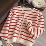 Casual Black And White Striped Small Fragrant Knitted Cardigan Women's New Autumn And Winter Wear Short Sweater Jacket
