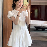 (With Lining) College Wind Shirt Dress Women Summer Waist Small Design Collar Bubble Sleeves Short