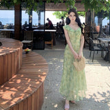 Seaside Holiday Green Flowers Small Flying Sleeve Dress Gentle Temperament Unique Beauty Waist A Word Beach Dress
