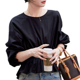 Pure Cotton 2025 Round Neck French Fashion Loose Thin Belly Long-Sleeved Cotton Shirt Female Ocean Coat Elegant