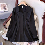 Large Size Thin Belly Cover Long Sleeve Shirt Women's Dress Collar In The Spring And Autumn Long Fat Sister Shirt Fat Big Size Women's Clothing