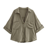 Summer New Women's Fashion Casual Single-Dbutton Short-Sleeved Collar Shirt 2187572