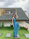 Chiffon + Invisible Zipper Holiday Wind And Flowers Hanging Dress Women's Summer Design Irregular Dress Waist