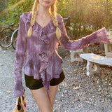 Tie Dyed Lotus Leaf Side V-Neck Long-Sleeved T-Shirt Girl Autumn Hottie Bottom Shirt Pure Desire To Put On The Top