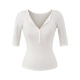 Spice Girls Design V-Neck Button Middle Sleeve T-Shirt Women Summer 2025 New Pure Desire To Repair Spice Girl Blouse
