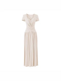 Tall Temperament Sexy V-Neck Lace To Receive Waist Short-Sleeved Dress Women's Small Pure Desire To Swing Long Skirt