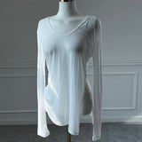 Spring New Thin V-Neck White Long-Sleeved Bottom Shirt Sun Protection Shirt Open Fork Slim Top Female Outside South Korea