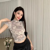 Repairing Sexy Short-Sleeved T-Shirt Girl Summer Hottie Half-High Collar Design Tie Dye Top