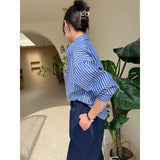 2025 New Blue Striped Shirt Women Spring And Autumn Design Sense Small Loose Temperament Chic Shirt Top Woman