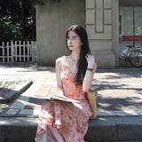 French Pink Floral Sling Dress Women's Summer 2025 New Small Temperament To Collect Waist Holiday Dress